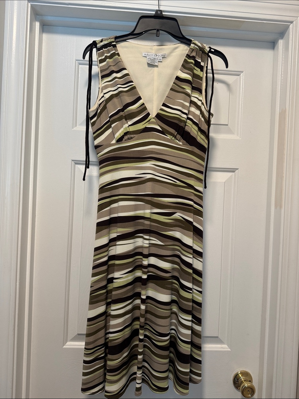 Maggy London Olive, Brown & Cream Striped V-Neck Midi Dress